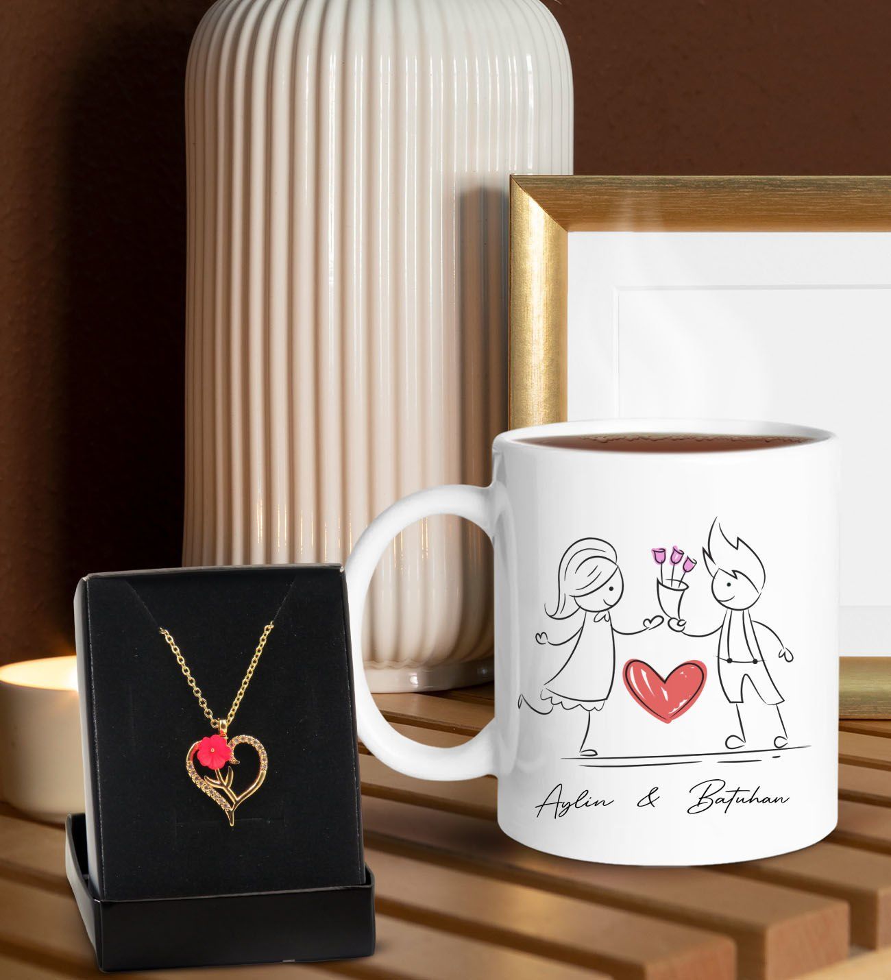 BK Gift Kişiye Özel Kupa ve Zirkon Taşlı Aşk Çiçeği Kalp Kolye-1, Sevgiliye Hediye, Doğum Günü Hediyesi, Yıl Dönümü Hediyesi