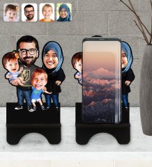 Kişiye Özel Tesettürlü Aile Karikatürlü Ahşap Biblo Telefon Standı-3