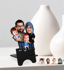 Kişiye Özel Tesettürlü Aile Karikatürlü Ahşap Biblo Telefon Standı-3