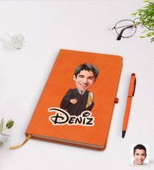 Kişiye Özel Erkek Avukat Karikatürlü Turuncu Termo Deri Defter Kalem Seti Model 1