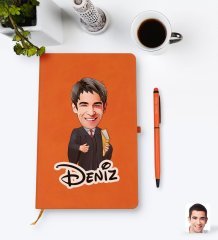 Kişiye Özel Erkek Avukat Karikatürlü Turuncu Termo Deri Defter Kalem Seti Model 1