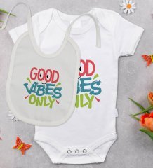BK Kids Good Vibes Only Tasarımlı Bebek Body Zıbın ve Mama Önlüğü Hediye Seti - Model 1