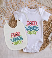 BK Kids Good Vibes Only Tasarımlı Bebek Body Zıbın ve Mama Önlüğü Hediye Seti - Model 1