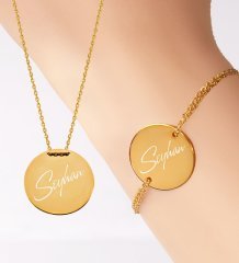 Kişiye Özel İsimli Yuvarlak Gold Kolye ve Bileklik Set