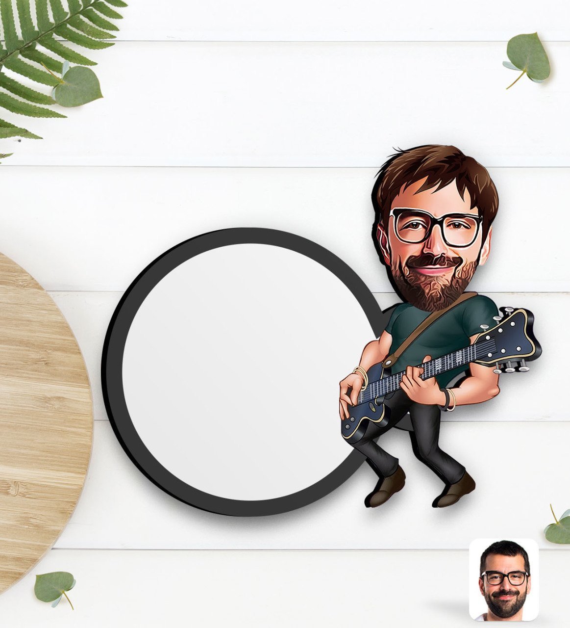 Kişiye Özel Erkek Gitarist Karikatürlü Ahşap Bardak Altlığı-1