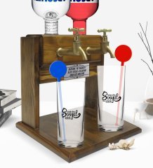 Kişiye Özel Renkli Baskılı Sosyal İçici Tasarımlı İkili Vodka Bardağı ve Çift Musluklu Doğal Ahşap Vodka Standı-2