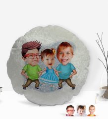 Kişiye Özel 3 Kardeş Karikatürlü Yuvarlak Dekoratif Kırlent Yastık-2