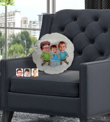 Kişiye Özel 3 Kardeş Karikatürlü Yuvarlak Dekoratif Kırlent Yastık-2