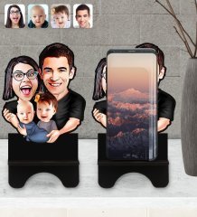 Kişiye Özel Aile Karikatürlü Ahşap Biblo Telefon Standı-4