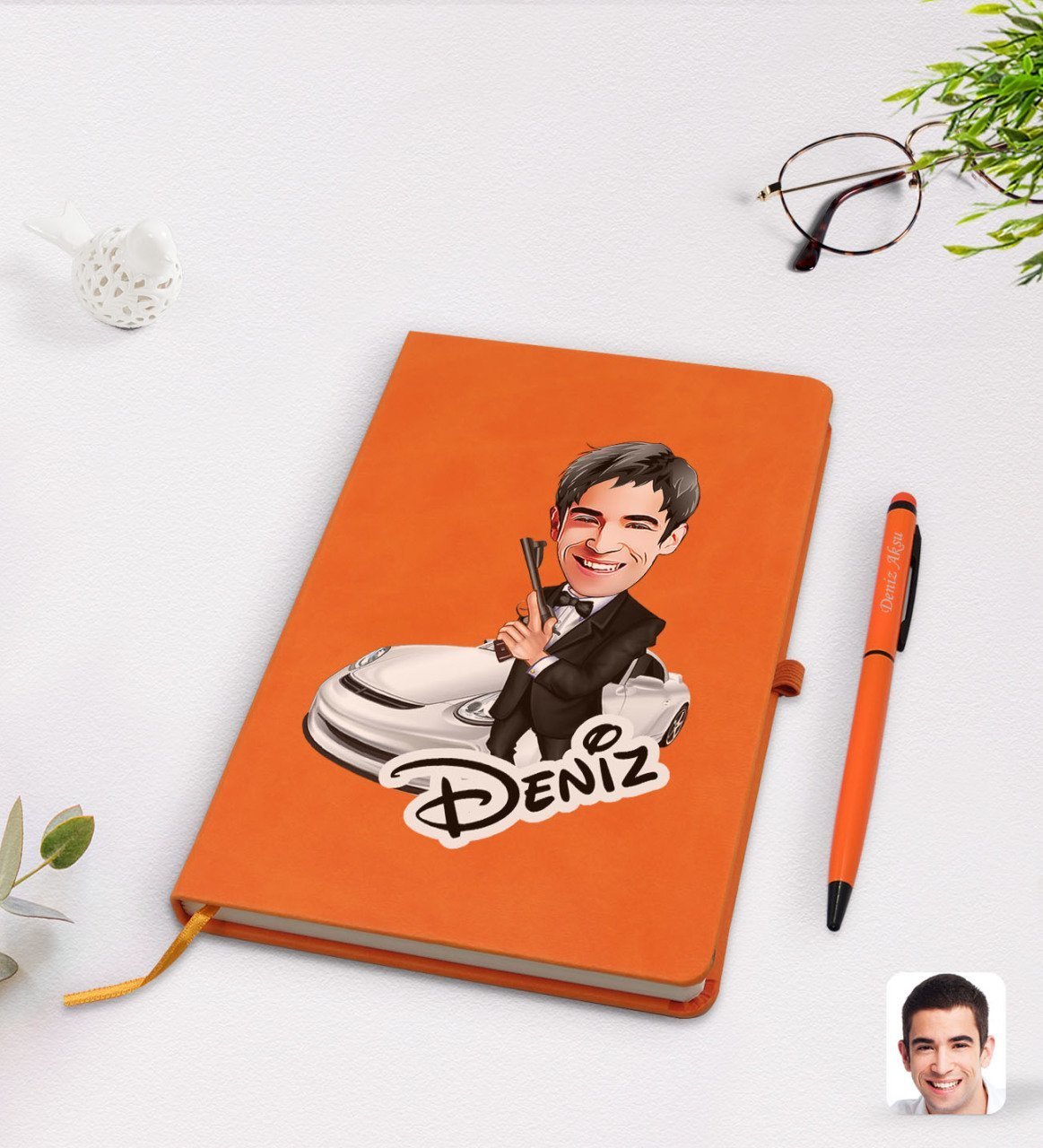 Kişiye Özel Erkek Ajan Karikatürlü Turuncu Termo Deri Defter Kalem Seti Model 1