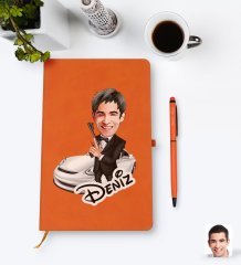 Kişiye Özel Erkek Ajan Karikatürlü Turuncu Termo Deri Defter Kalem Seti Model 1