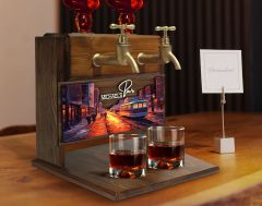 BK Gift Kişiye Özel Kabartma Manzara Tasarımlı İsimli Çift Musluklu Doğal Ahşap İçki Standı-26, İçki Standı, Doğum Günü Hediyesi, Ev Hediyesi
