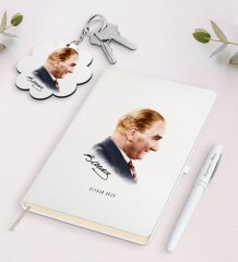 Kişiye Özel Atatürk Temalı Beyaz Defter Kalem ve Anahtarlık Hediye Seti-11