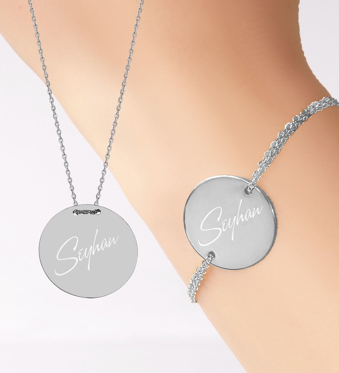 Kişiye Özel İsimli Yuvarlak Silver Kolye ve Bileklik Set
