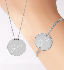 Kişiye Özel İsimli Yuvarlak Silver Kolye ve Bileklik Set