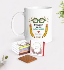Kişiye Özel Dünyanın En İyi Öğretmeni Beyaz Kupa ve Çikolata Hediye Seti-22