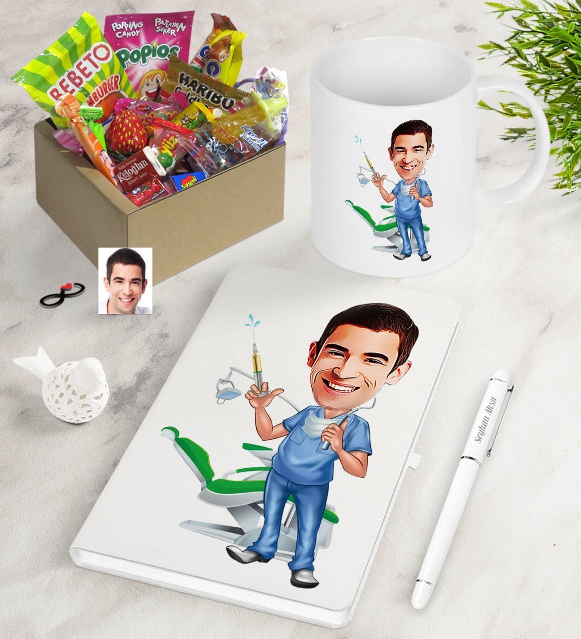 Kişiye Özel Bay Diş Hekimi Karikatürlü Nostaljik Lezzetler Defter Kalem Kupa Hediye Seti-4