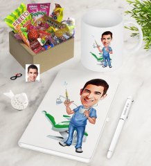 Kişiye Özel Bay Diş Hekimi Karikatürlü Nostaljik Lezzetler Defter Kalem Kupa Hediye Seti-4