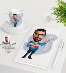 Kişiye Özel Erkek Öğretmen Karikatürlü Beyaz Defter Kalem Türk Kahvesi Fincanı Seti-4