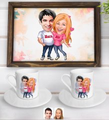 Kişiye Özel Sevgililer Karikatürlü Doğal Ahşap Tepsi ve 2’li Kahve Fincan Seti-5