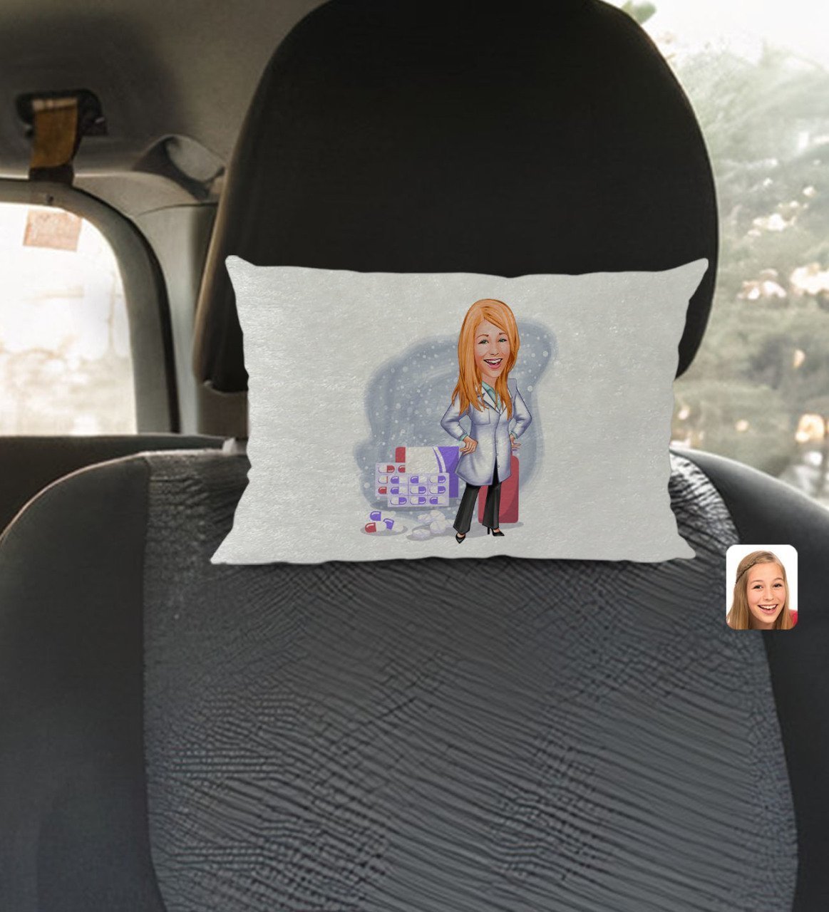 Kişiye Özel Kadın Eczacı Karikatürlü Dikdörtgen Araç Koltuk Yastığı-3