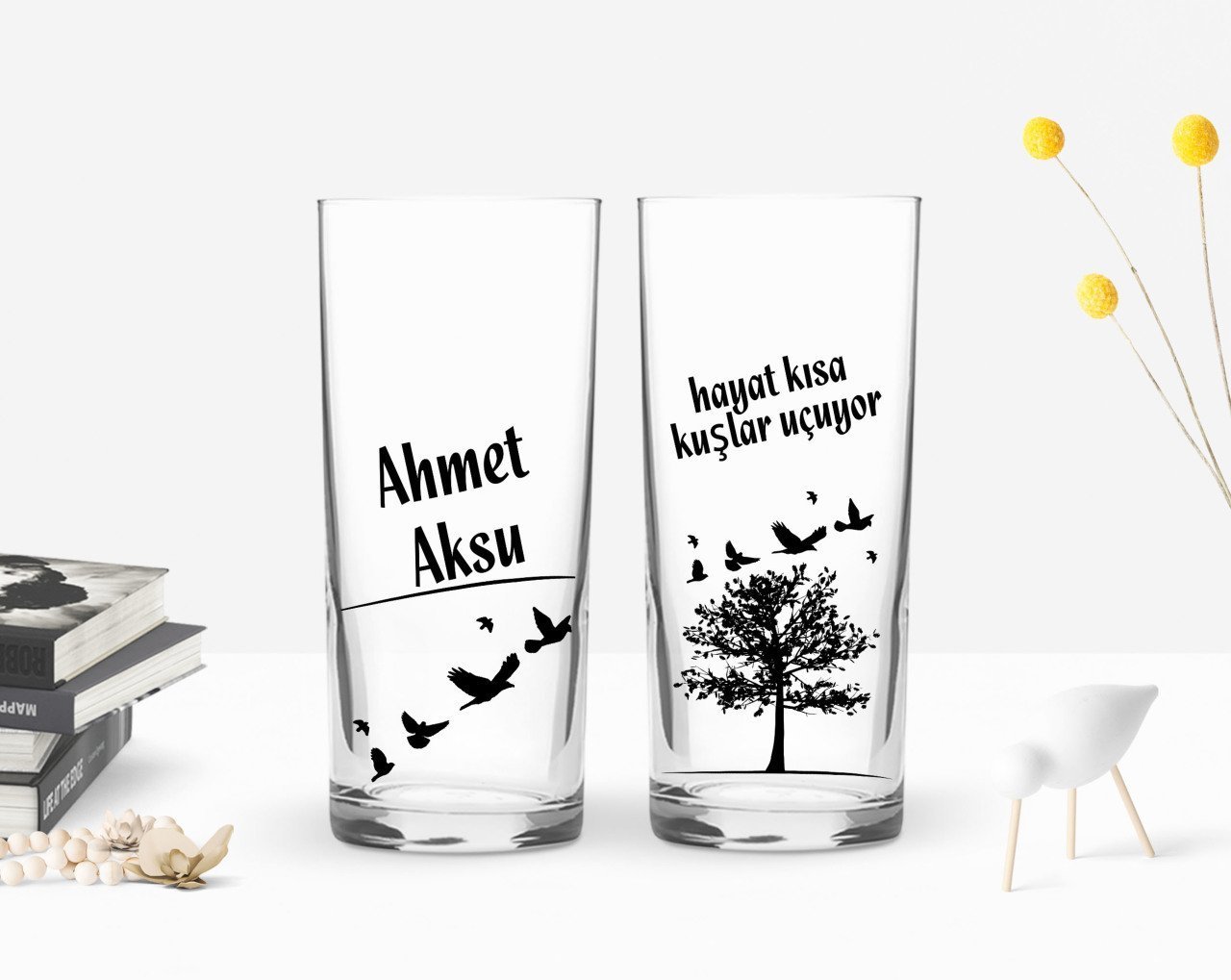 Kişiye Özel Renkli Baskılı Hayat Kısa Kuşlar Uçuyor Tasarımlı İkili Rakı Bardağı Seti-1