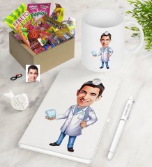 Kişiye Özel Bay Diş Hekimi Karikatürlü Nostaljik Lezzetler Defter Kalem Kupa Hediye Seti-3