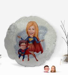 Kişiye Özel Süper Anne ve Çocuk Karikatürlü Yuvarlak Dekoratif Kırlent Yastık-1