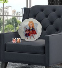 Kişiye Özel Süper Anne ve Çocuk Karikatürlü Yuvarlak Dekoratif Kırlent Yastık-1