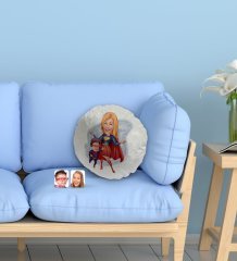 Kişiye Özel Süper Anne ve Çocuk Karikatürlü Yuvarlak Dekoratif Kırlent Yastık-1