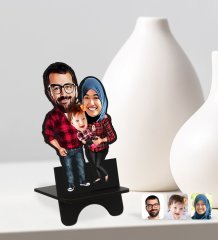 Kişiye Özel Tesettürlü Aile Karikatürlü Ahşap Biblo Telefon Standı-2