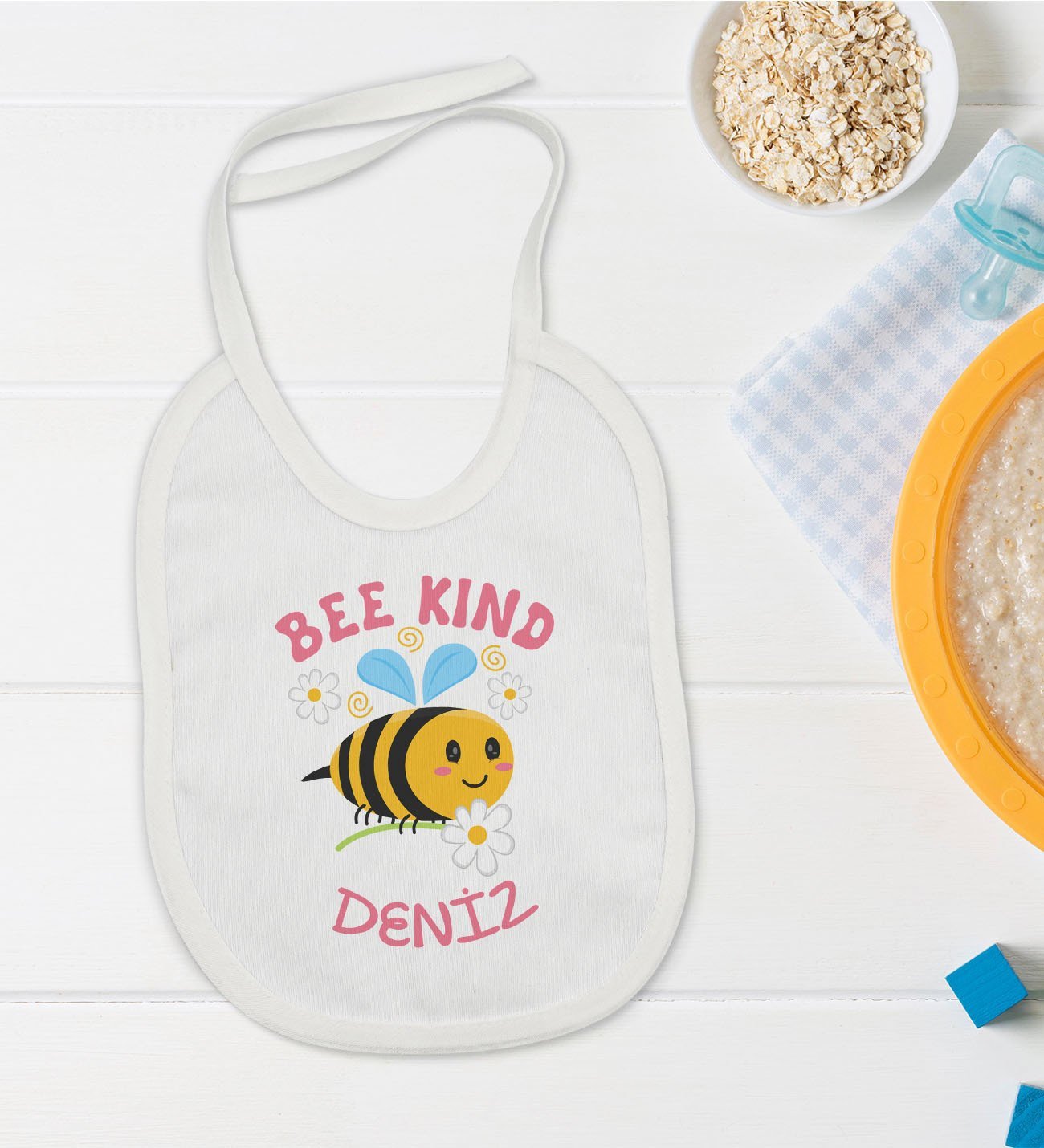 BK Kids Kişiye Özel Bee Kind Tasarımlı Bebek Mama Önlüğü - Model 1