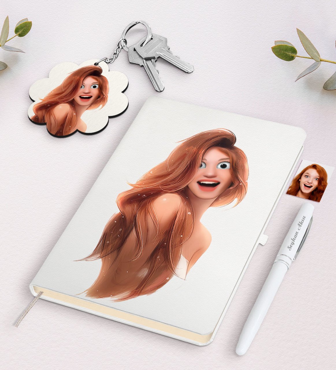 Kişiye Özel Kadın Animasyon Karikatürlü Beyaz Defter Kalem Ve Anahtarlık Hediye Seti-9