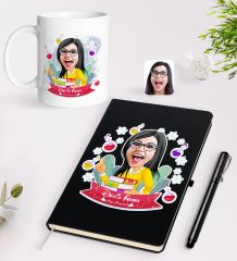 BK Gift Kişiye Özel Kadın Kimya Öğretmeni Karikatürlü Siyah Defter Kalem Kupa Seti - 1