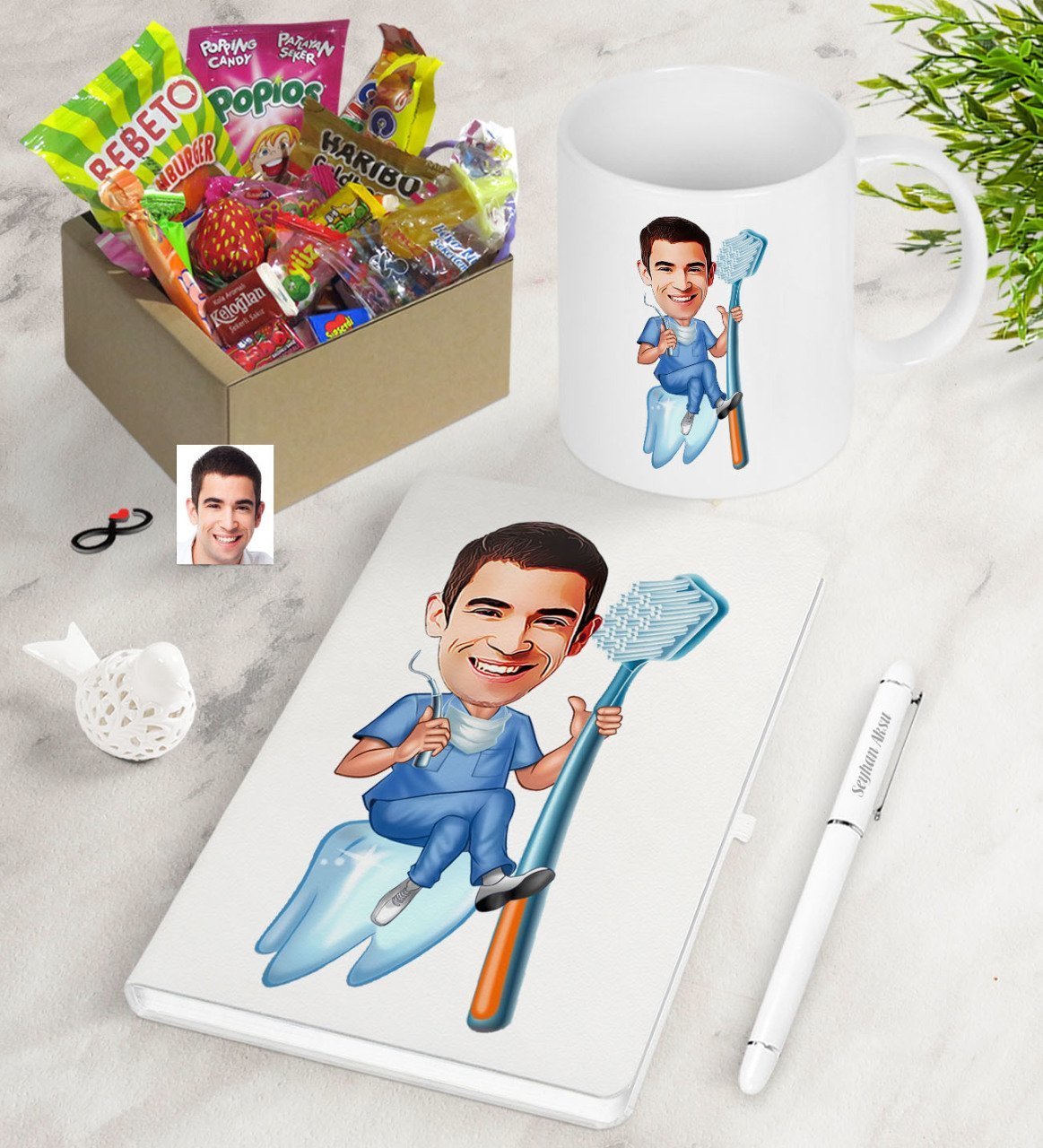 Kişiye Özel Bay Diş Hekimi Karikatürlü Nostaljik Lezzetler Defter Kalem Kupa Hediye Seti-2