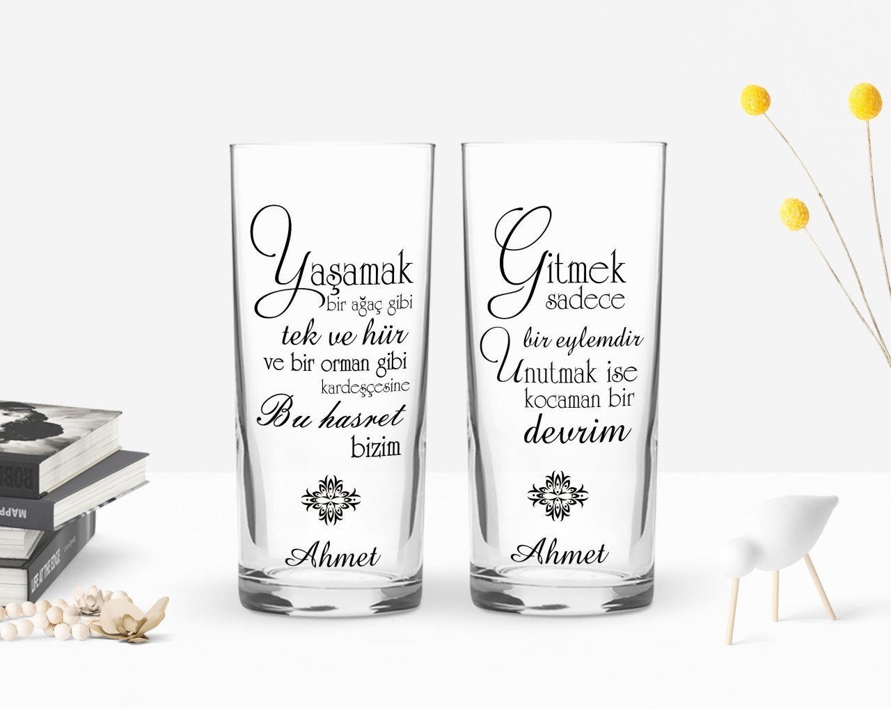 Kişiye Özel Renkli Baskılı Yaşamak Bir Ağaç Gibi Tasarımlı İkili Rakı Bardağı Seti-1