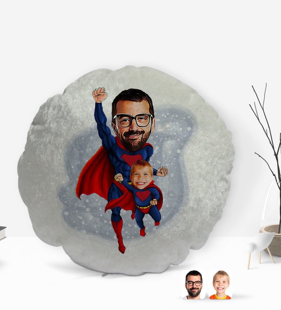 Kişiye Özel Süper Baba ve Çocuk Karikatürlü Yuvarlak Dekoratif Kırlent Yastık-1