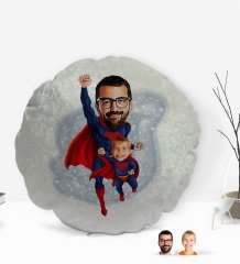 Kişiye Özel Süper Baba ve Çocuk Karikatürlü Yuvarlak Dekoratif Kırlent Yastık-1