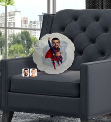 Kişiye Özel Süper Baba ve Çocuk Karikatürlü Yuvarlak Dekoratif Kırlent Yastık-1