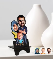 Kişiye Özel Tesettürlü Aile Karikatürlü Ahşap Biblo Telefon Standı-1