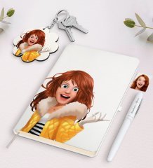 Kişiye Özel Kadın Animasyon Karikatürlü Beyaz Defter Kalem Ve Anahtarlık Hediye Seti-7