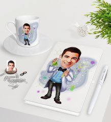 Kişiye Özel Erkek Kimya Öğretmeni Karikatürlü Beyaz Defter Kalem Türk Kahvesi Fincanı Seti-3