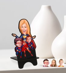 Kişiye Özel Süper Anne ve Süper Çocuklar Karikatürlü Ahşap Biblo Telefon Standı-1