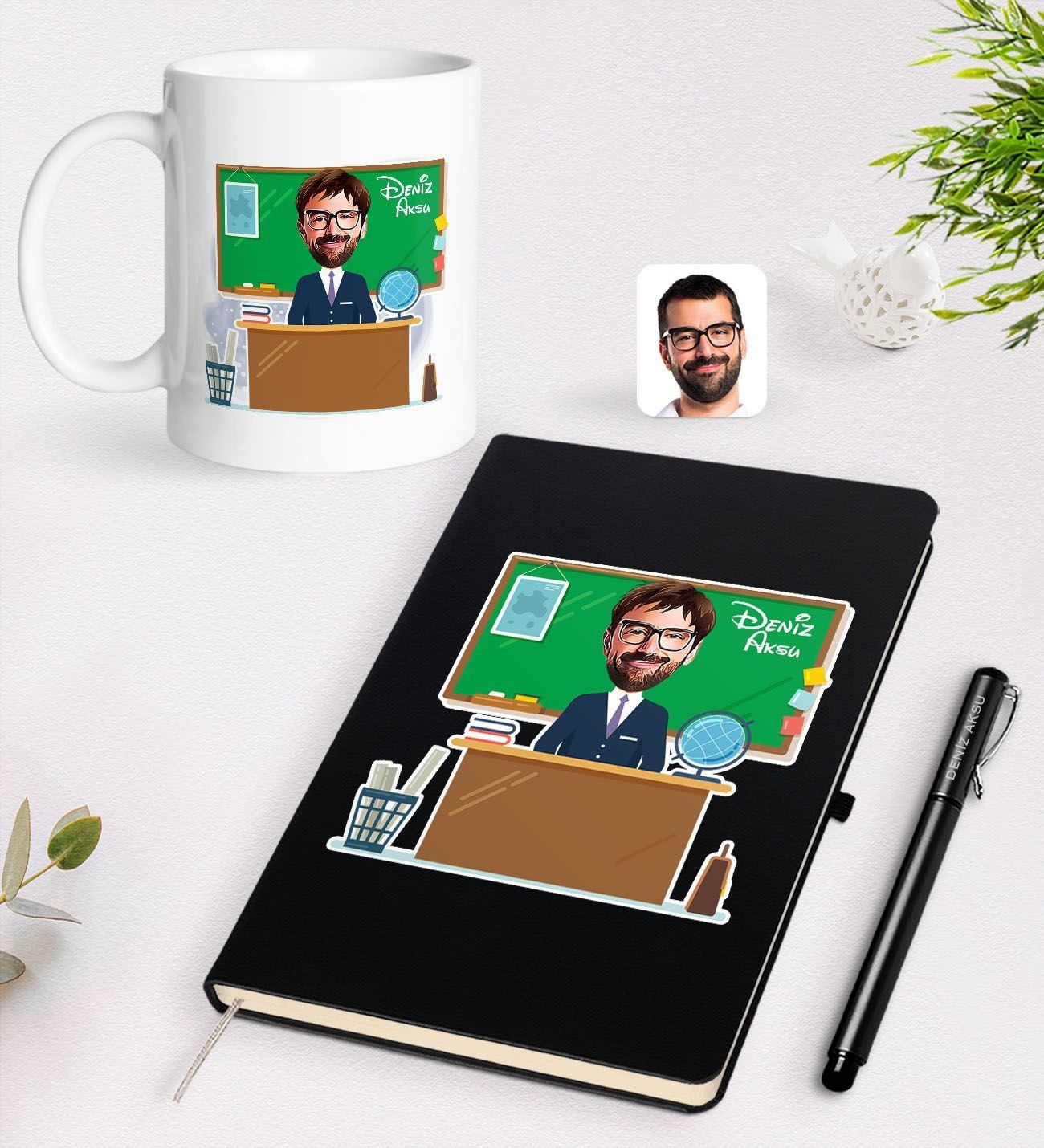BK Gift Kişiye Özel Coğrafya Öğretmeni Karikatürlü Siyah Defter Kalem Kupa Seti - 2