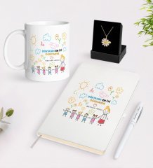 Kişiye Özel Dünyanın En İyi Öğretmeni Beyaz Kupa Defter Kalem ve İsimli Papatya Kolye Hediye Seti-25