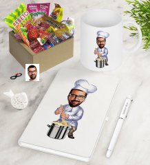 Kişiye Özel Bay Aşçı Karikatürlü Nostaljik Lezzetler Defter Kalem Kupa Hediye Seti