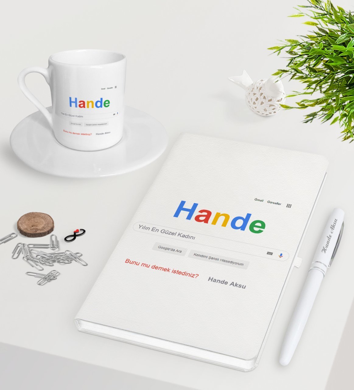 Kişiye Özel Google Yılın En Güzel Kadını Beyaz Defter Kalem Türk Kahvesi Fincanı Seti-2