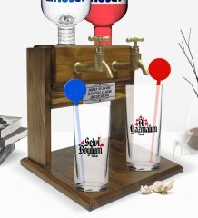 Kişiye Özel Renkli Baskılı Selvi Boylum Al Yazmalım Tasarımlı İkili Vodka Bardağı ve Çift Musluklu Doğal Ahşap Vodka Standı-1