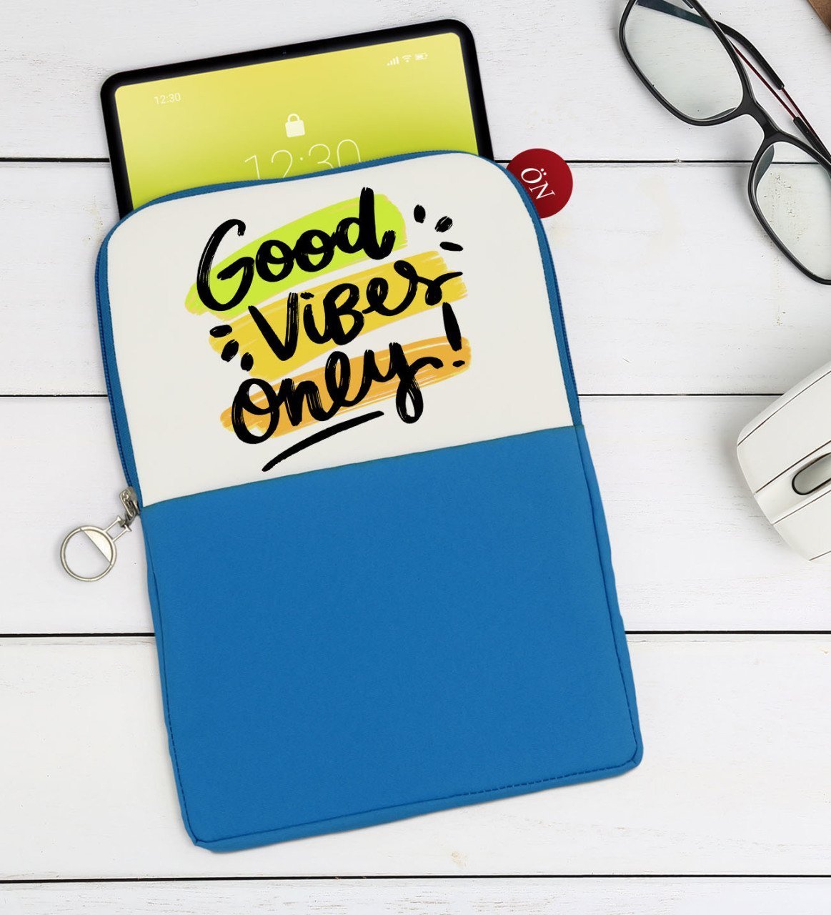 BK Gift Good Vibes Only Tasarımlı Taşınabilir Koruyucu Tablet Kılıfı & Organizer Çanta - Mavi-1