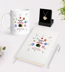 Kişiye Özel Dünyanın En İyi Öğretmeni Beyaz Kupa Defter Kalem ve İsimli Papatya Kolye Hediye Seti-24